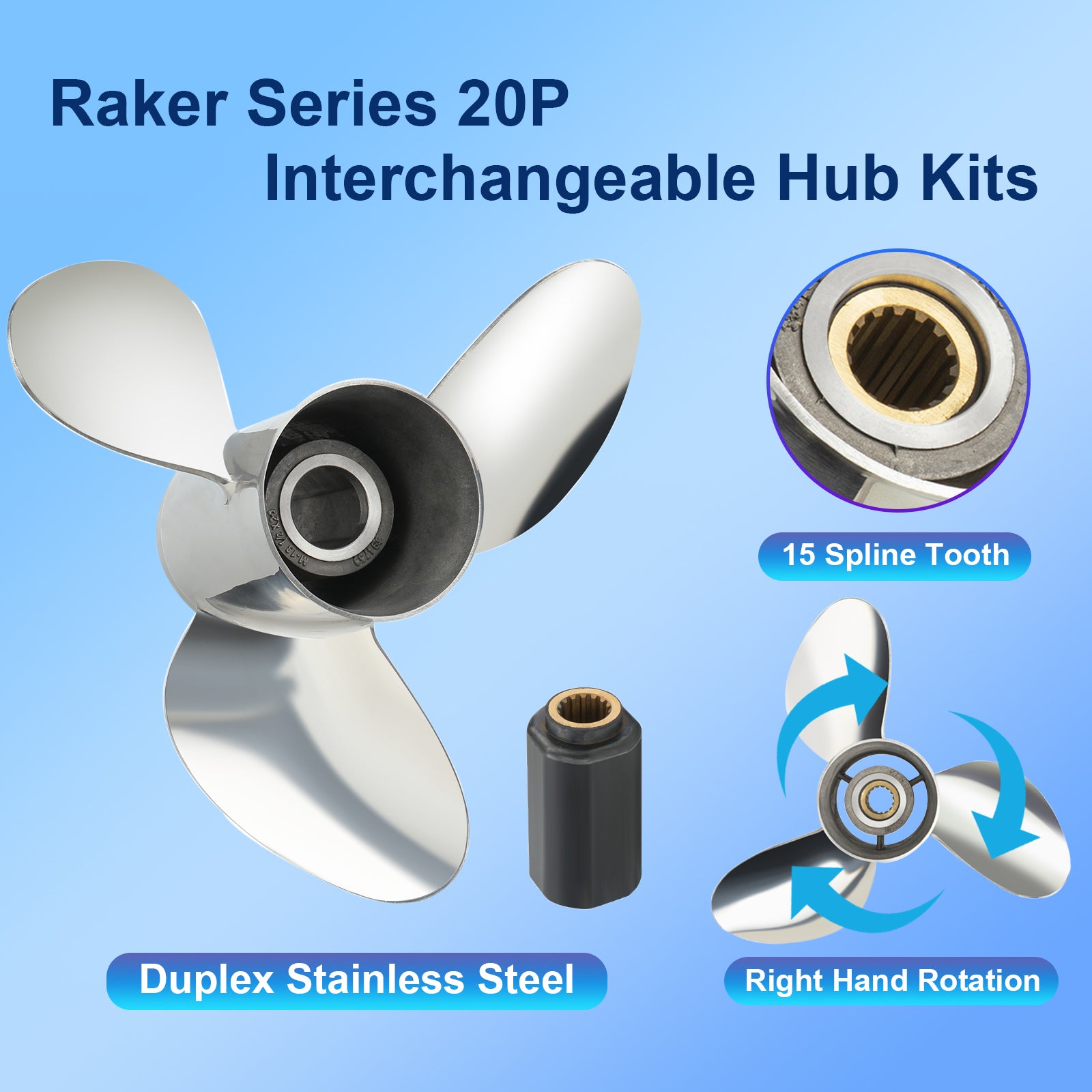 13 1/2x20 Raker Series OEM Stainless Steel Propeller Fit Yamaha Outboard Engines 70-100hp/OMC Motos 70-90hp 15 Tooth,RH