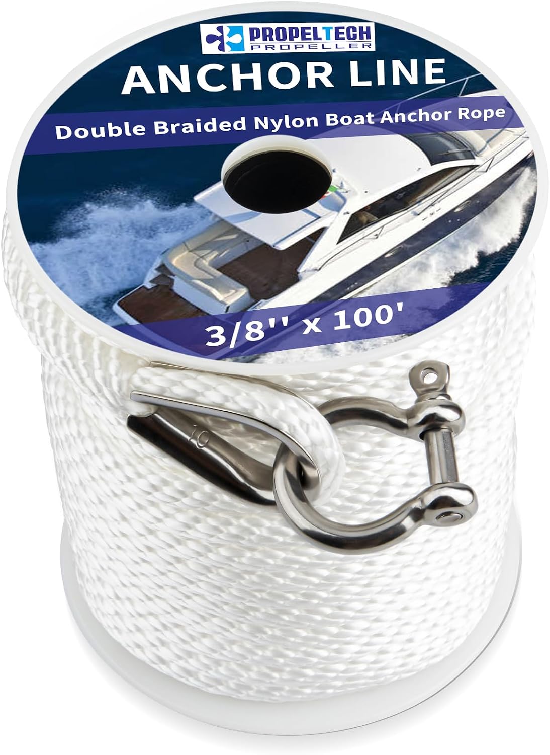 White Anchor Rope Line Boat Rope with Stainless Steel Thimble Shackle