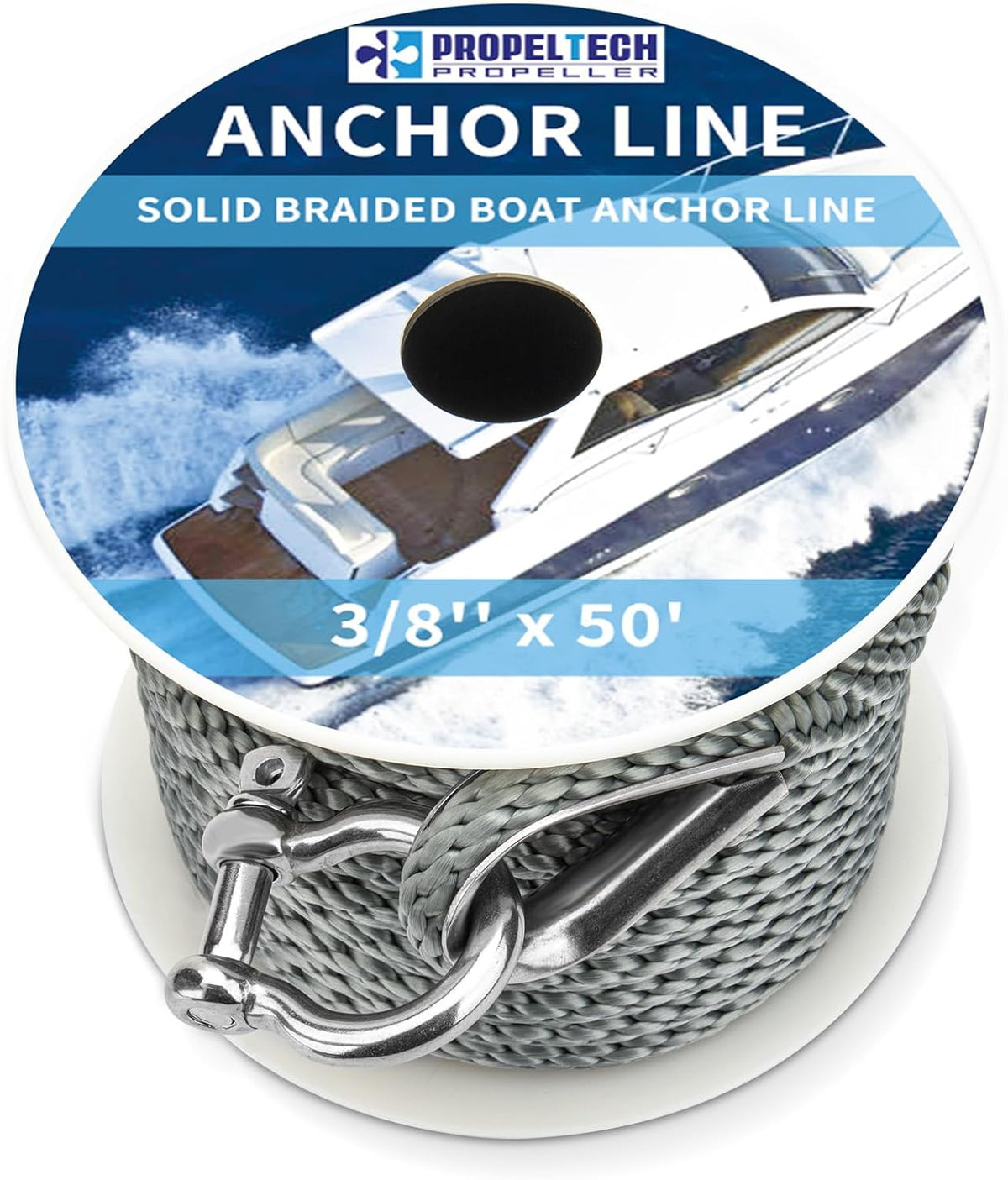 Grey Boat Anchor Rope 3/8 inch 50ft Nylon Rope with Stainless Steel Shackle